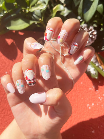 OPOOLA 24 pcs Short Oval Christmas Santa Soft Gel Fake Press On Nails with Jelly Glue&Nail Buffer